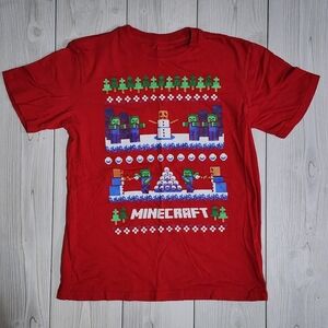 Red Minecraft Graphic Christmas Holiday Short Sleeve T-Shirt Size L 10-12